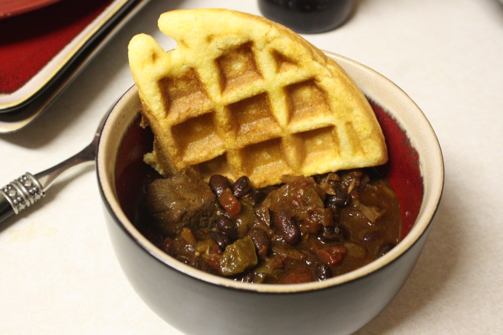 Steak and Black Bean Chili with Cornbread Waffles
